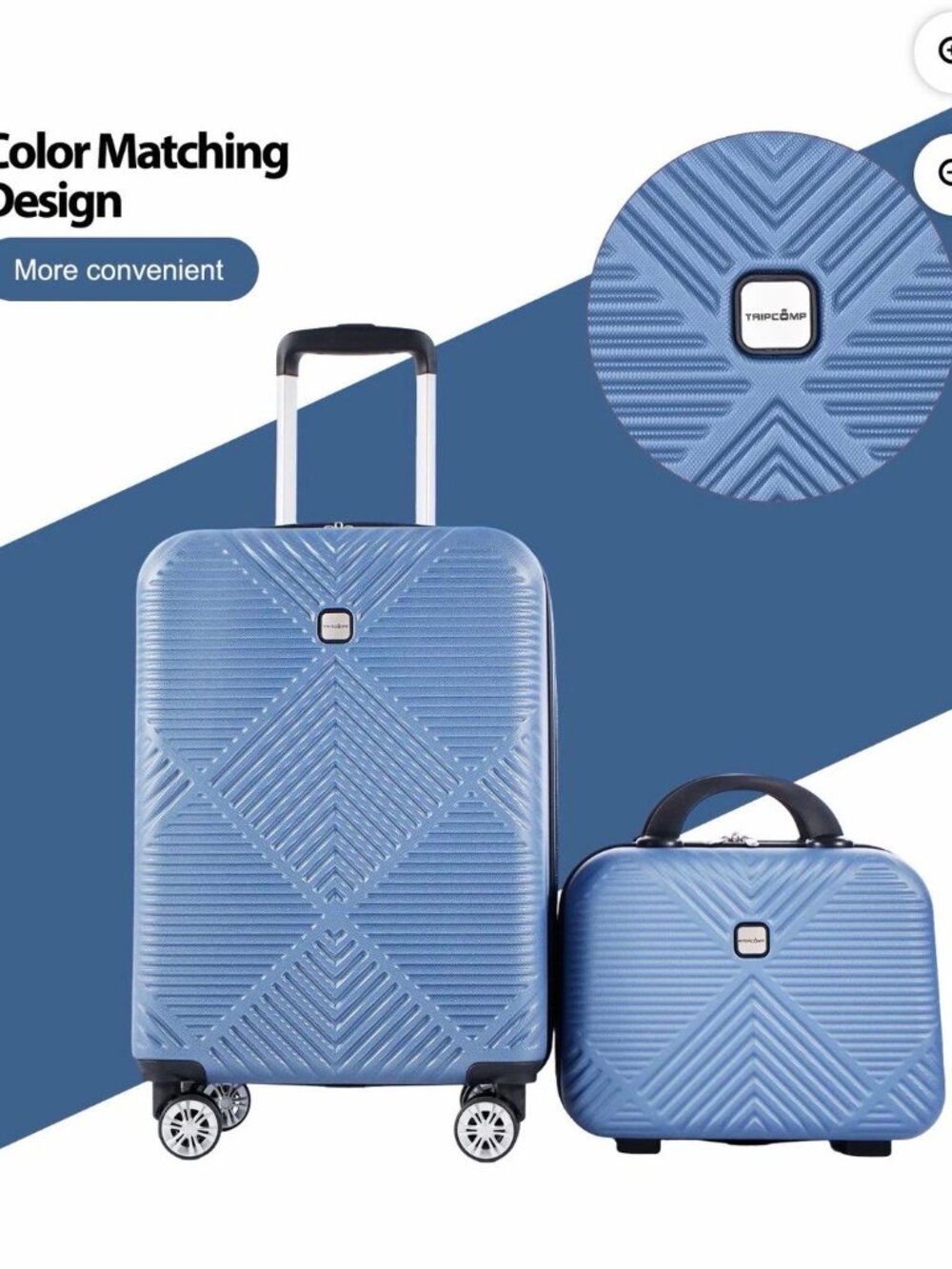 2-Piece Hardside Carry-On Luggage Set w/ Cosmetic Case Blue Spinner Suitcase - Picture 4 of 7